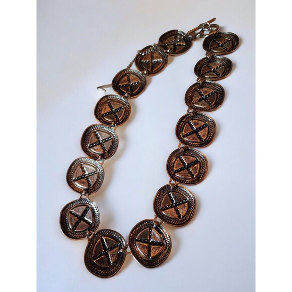 VTG Geometric Statement Necklace–Silver Tone, Black & Brown Enamel, Toggle Clasp - Picture 4 of 6